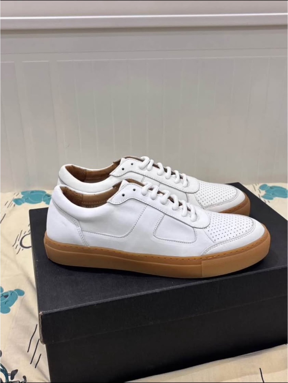 Leather Low-Top Sneakers in White with Gum Sole - Men